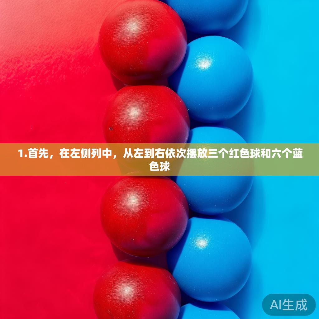 1.首先，在左侧列中，从左到右依次摆放三个红色球和六个蓝色球