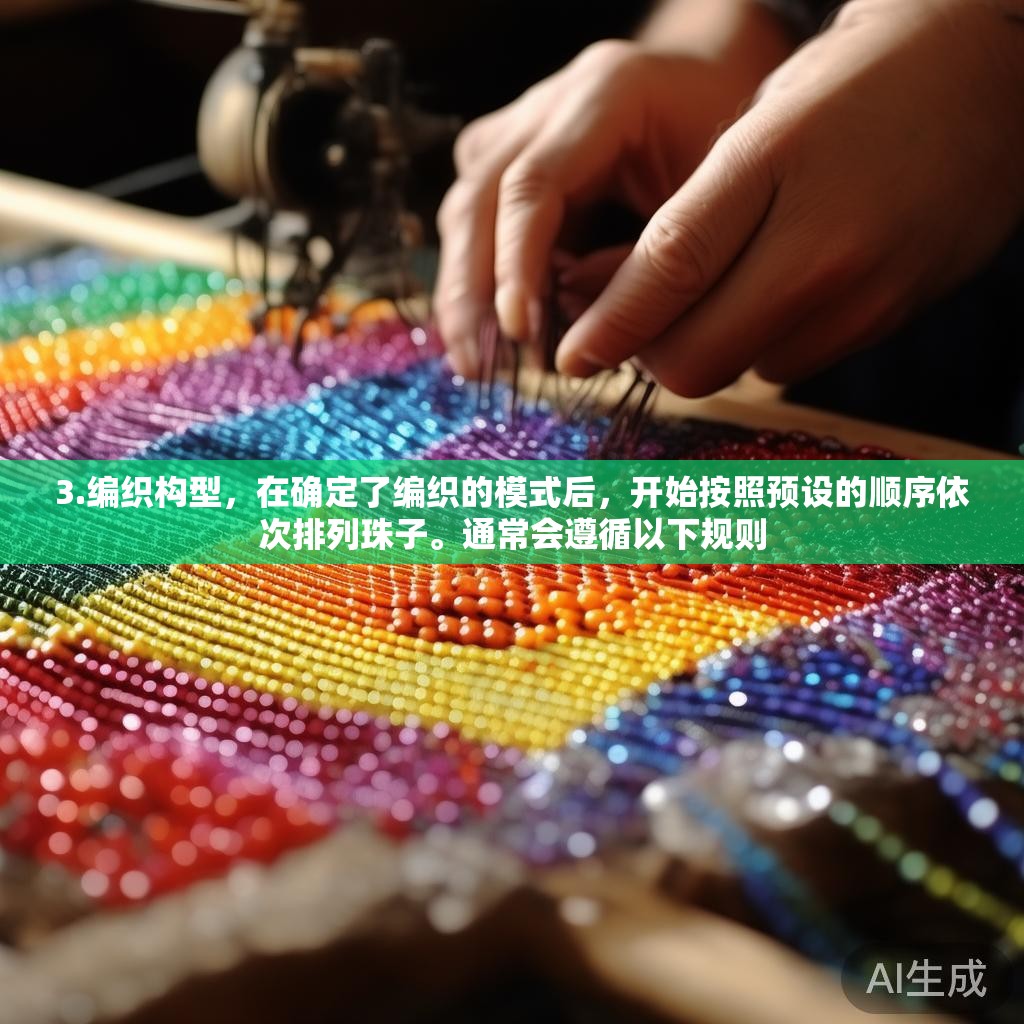 3.编织构型，在确定了编织的模式后，开始按照预设的顺序依次排列珠子。通常会遵循以下规则